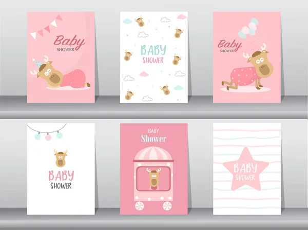 Zestaw Baby Shower Zaproszenia Plakat Szablon Powitanie Słodkie Niedźwiedź Zwierzę — Wektor stockowy