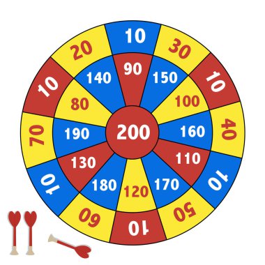 Klasik dart tahtası hedefi ve beyaz arkaplanda izole edilmiş ok, masa oyunu, Vektör İllüstrasyonu