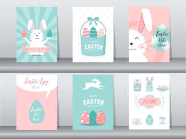 Paskalya tebrik kartları, retro desen, şirin, vektör çizimleri 