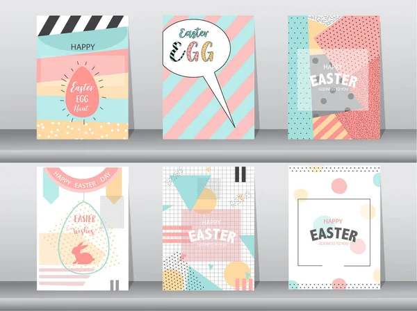 Set Easter Greeting Cards Retro Pattern Cute Vector Illustrations — Stock Vector