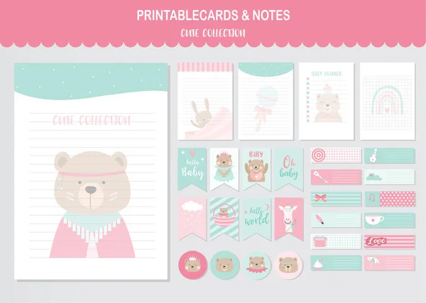 Ensemble Animaux Cartes Vectorielles Mignonnes Ours Baby Shower Imprimable Étiquettes — Image vectorielle