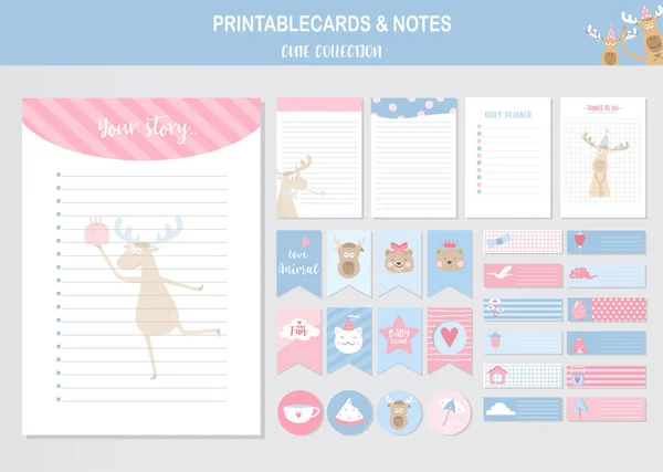 Conjunto Animales Tarjetas Vectoriales Lindo Ciervos Baby Shower Imprimible Etiquetas — Archivo Imágenes Vectoriales