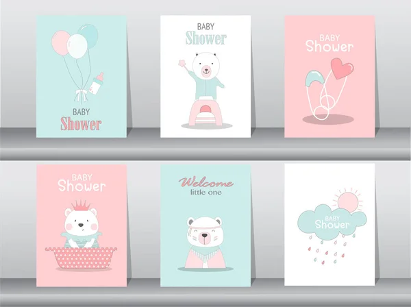 Set Van Baby Shower Uitnodigingen Kaarten Poster Begroeting Template Beren — Stockvector