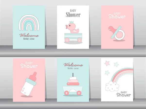 Set Van Baby Shower Uitnodigingen Kaarten Poster Begroeting Sjabloon Eenden — Stockvector