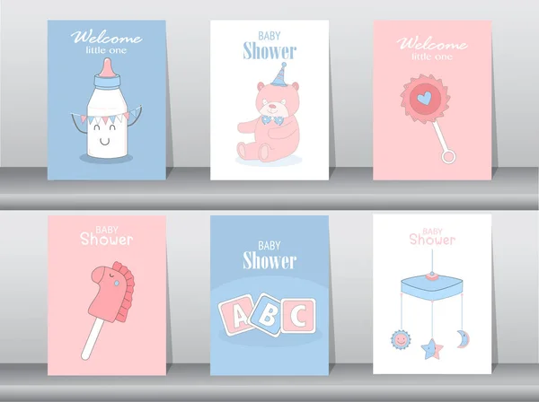 Set Biglietti Inviti Baby Shower Poster Auguri Modelli Orsi Illustrazioni — Vettoriale Stock