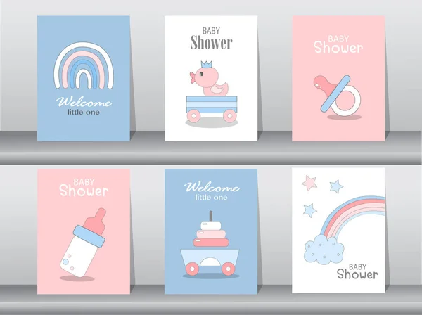 Set Van Baby Shower Uitnodigingen Kaarten Poster Begroeting Sjabloon Eenden — Stockvector