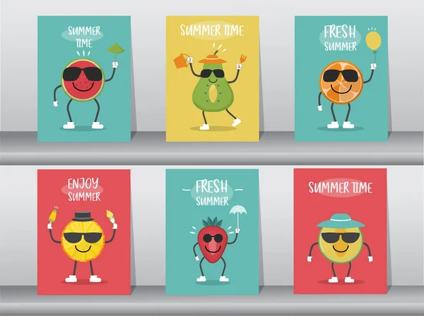 Ensemble Dessins Animés Drôles Fruits Été Étiquette Cadeau Carte Carte — Image vectorielle