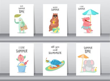 Yaz plajı hayvanları el yapımı stil, kartlar, poster, şablon, selamlama, şirin, hayvan, vektör çizimleri