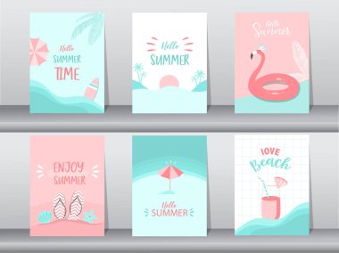 Desen tasarımı, poster, şablon, selamlama, hayvan, tatiller, şirin, aloha, Vektör çizimleri üzerine bir yaz kartı seti.