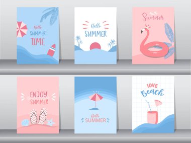 Desen tasarımı, poster, şablon, selamlama, hayvan, tatiller, şirin, aloha, Vektör çizimleri üzerine bir yaz kartı seti.