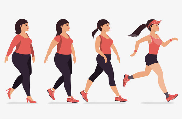 Этапы похудения женщин, векторные иллюстрации.