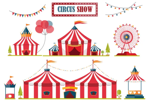 Set Circustent Met Strepen Vlaggen Geïsoleerd Reuzenrad Vectorillustraties — Stockvector