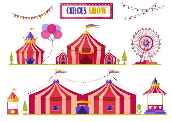 Set Circustent Met Strepen Vlaggen Geïsoleerd Reuzenrad Vectorillustraties — Stockvector