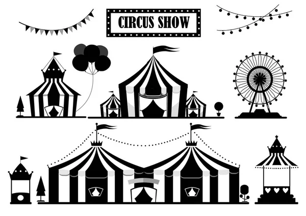 Set Silhouetten Circustent Met Strepen Vlaggen Geïsoleerd Reuzenrad Vectorillustraties — Stockvector