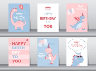 Sevimli doğum günü kartları, poster, şablon, tebrik kartları, hayvanlar, dinozorlar, Vektör çizimleri.