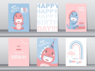 Sevimli doğum günü kartları, poster, şablon, tebrik kartları, hayvanlar, dinozorlar, Vektör çizimleri.