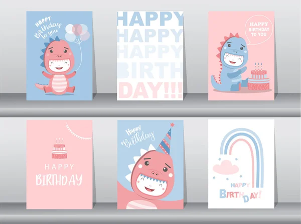 Set Simpatici Biglietti Compleanno Poster Template Biglietti Auguri Animali Dinosauri — Vettoriale Stock