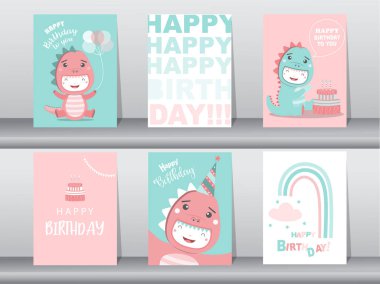 Sevimli doğum günü kartları, poster, şablon, tebrik kartları, hayvanlar, dinozorlar, Vektör çizimleri.