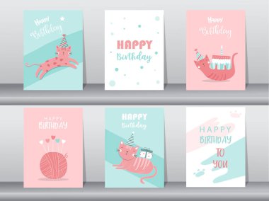 Doğum günü kartları, poster, davetiye, şablon, tebrik kartları, hayvanlar, kedi, şirin, vektör çizimleri.