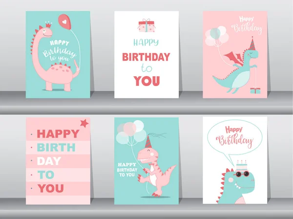 Set Simpatici Biglietti Compleanno Poster Template Biglietti Auguri Animali Dinosauri — Vettoriale Stock