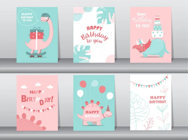 Набор Милых Открыток День Рождения Плакат Шаблон Поздравительные Открытки Животные — стоковый вектор