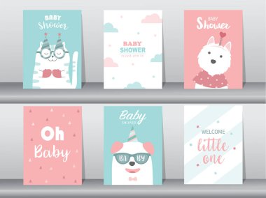 İçinde şirin hayvan, poster, kutlama, şablon, kediler, şirin, hayvan, vektör çizimler olan bebek partisi davetiyeleri..