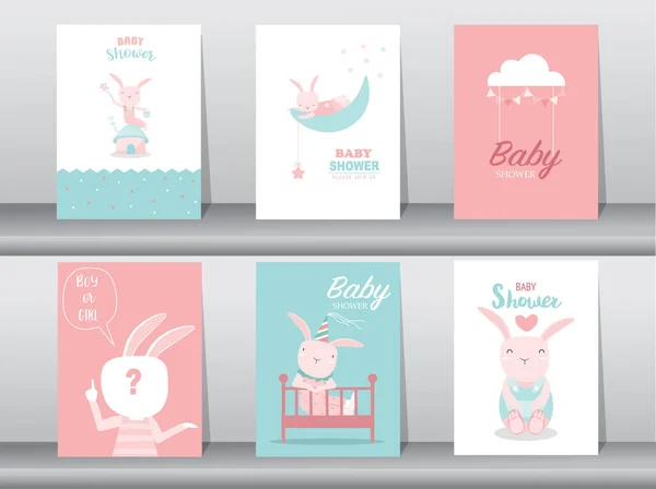 Σύνολο Προσκλήσεων Ντους Μωρών Αφίσα Χαιρετισμός Πρότυπο Γάτες Χαριτωμένο Ζώο — Διανυσματικό Αρχείο