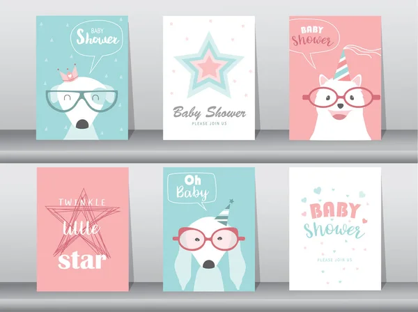 Set Baby Shower Meghívók Kártyák Aranyos Állatok Poszter Üdvözlés Sablon — Stock Vector