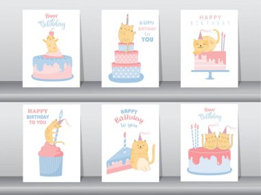 Doğum günü kartları, poster, davetiye, şablon, tebrik kartları, hayvanlar, kedi, şirin, vektör çizimleri.