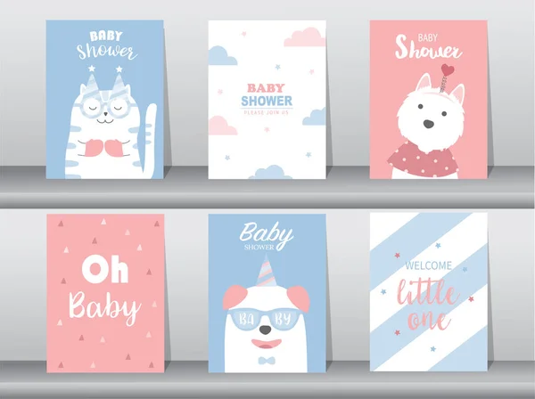 Набор Пригласительных Билетов Новорожденных Милыми Животными Плакатами Приветствиями Шаблонами Кошками — стоковый вектор