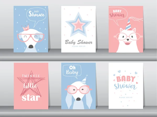 Conjunto Bebê Chuveiro Convites Cartões Com Animais Bonitos Cartaz Saudação —  Vetores de Stock
