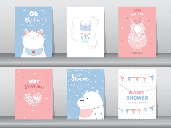 Set Van Baby Shower Uitnodigingen Kaarten Poster Begroeting Template Kat — Stockvector