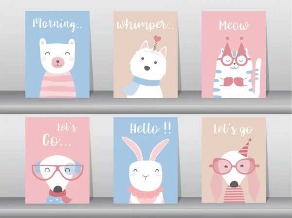 Set Simpatici Animali Poster Modello Carte Orso Gatto Cane Coniglio — Vettoriale Stock
