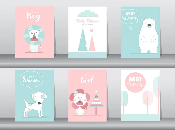 Set Biglietti Inviti Baby Shower Poster Auguri Template Illustrazioni Vettoriali — Vettoriale Stock