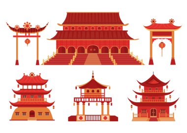 İzole edilmiş beyaz arka planda geleneksel tarzdaki Çin binaları ve tapınakları, Vektör illüstrasyonu.