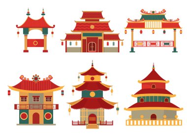 İzole edilmiş beyaz arka planda geleneksel tarzdaki Çin binaları ve tapınakları, Vektör illüstrasyonu.