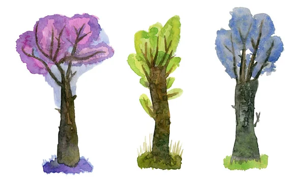 三棵美丽的树有点神奇和卡通画。水彩画 — 图库照片