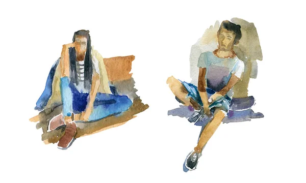 Esboços de aquarela de pessoas. Um cara e uma garota se sentam e relaxam — Fotografia de Stock
