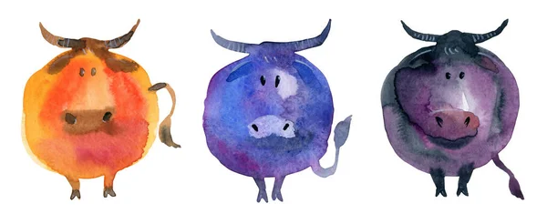 Engraçado bonito touros no estilo dos desenhos animados e na técnica de aquarela — Fotografia de Stock