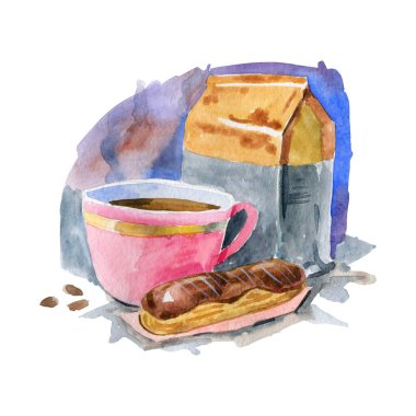 A Cup with a drink, Eclair and a package of coffee beans