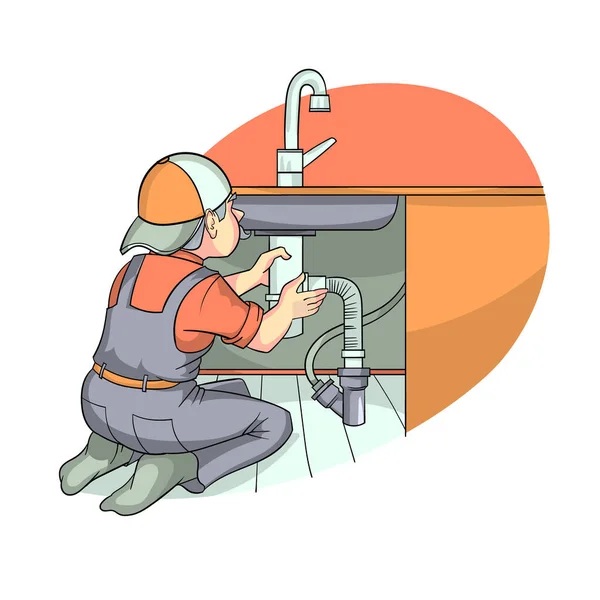 A male plumber installs a new siphon under the sink — Stock Vector