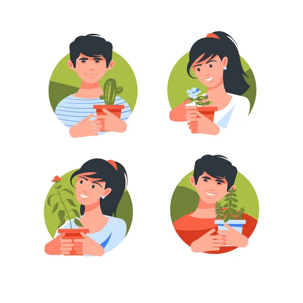 Четыре иконы с людьми, которые любят выращивать комнатные растения. Девушка и парень держат горшки с комнатными растениями — стоковый вектор