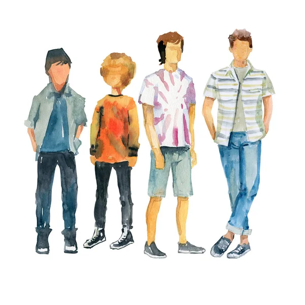 Un groupe d'adolescents en tenue décontractée. Croquis aquarelle — Photo