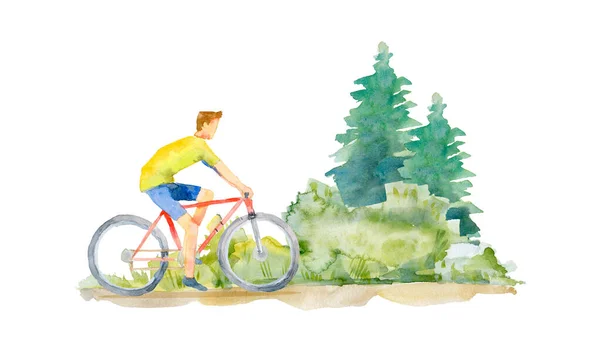 A young man is riding a bicycle outside the city in the summer. The painting was created in watercolor. — Stock Photo, Image