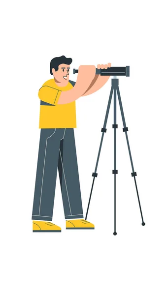 Man looks through a telescope. Vector illustration — Stock Vector