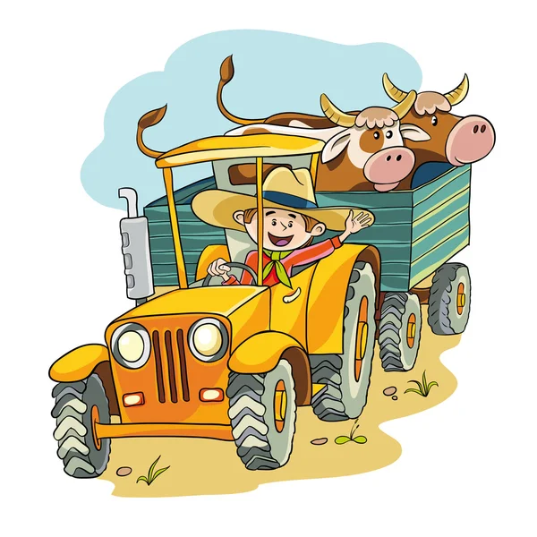 Agricultor en tractor — Vector de stock