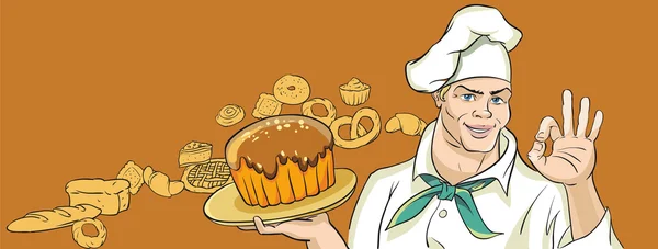 Merry Baker avec gâteau — Image vectorielle