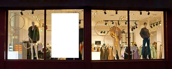 Banner Para Publicidade Uma Vitrine Janela Loja Roupas Com Manequins — Fotografia de Stock