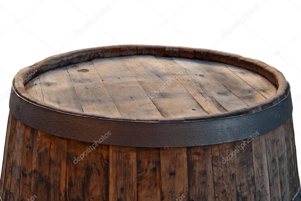 Wooden barrel isolated on a white background. Surface of oak barrel close up. Mockup for design. Free space for products or goods.