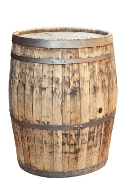 Tahta fıçı beyaz arka planda izole edilmiş. Meşe fıçısının yüzeyi kapanıyor. Tasarım için model. 
